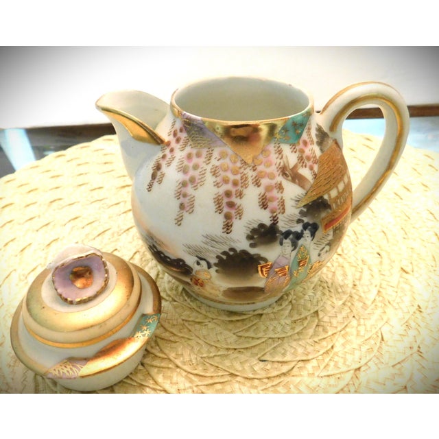 Antique Porcelain Japanese Scenic Kutani Three Piece Tea Service For Sale - Image 14 of 16