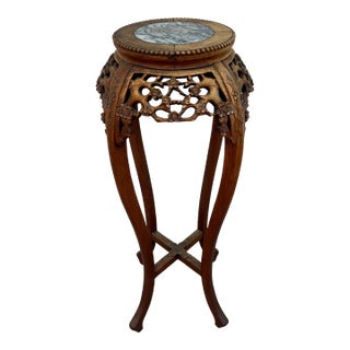 Antique Chinese Carved Inset Marble Pedestal For Sale