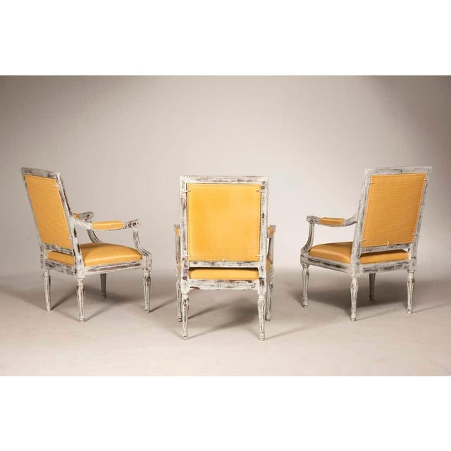 Louis XVI Style Distressed Armchairs, 1950, Set of 3 For Sale - Image 4 of 18