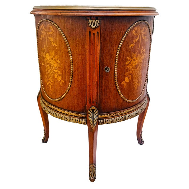 Louis XVI Style Round Gueridon Commode Tables With Carrara Marble & Floral Marquetry - A Pair For Sale In San Diego - Image 6 of 18