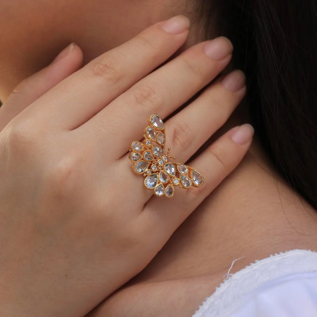 Nina Zhou Jewelry Nina Zhou Butterfly Aquamarine Diamond Cocktail Ring in 14k Yellow Gold, size 9.5 For Sale - Image 4 of 11