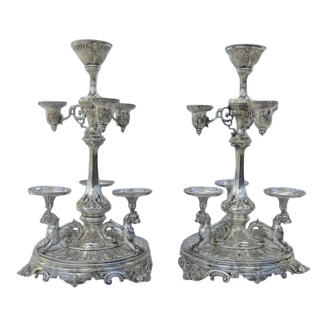 19th Century Silver Plate Epergnes Lions Arms - A Pair For Sale