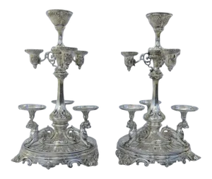 19th Century Silver Plate Epergnes Lions Arms - A Pair