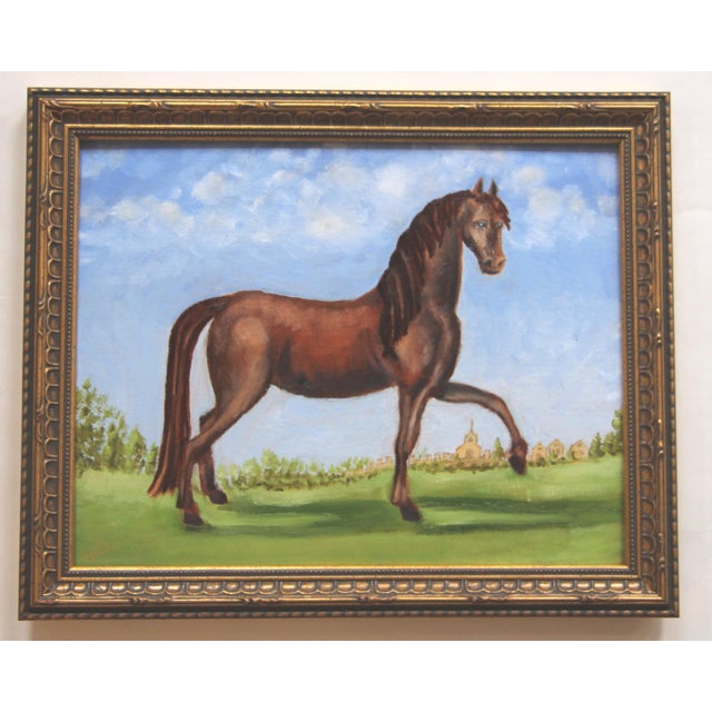 English White Horse With Landscape English Traditional Realism Sport Gray, Green, Blue Original Oil Painging by Cleo Plowden For Sale - Image 3 of 3