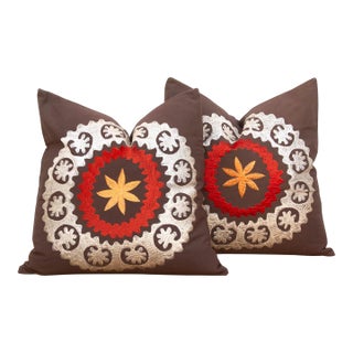Pair of 18" Orange Flower Suzani Pillow Covers For Sale