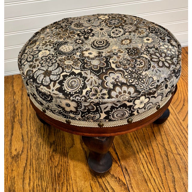 Mid 20th Century Mid 20th Century Queen Anne Footstool With Mahogany Turned Legs and Floral Upholstery For Sale - Image 5 of 9