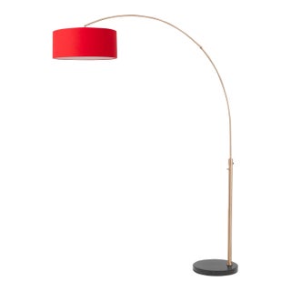 1950s Adjustable Mid Century Modern Floor Lamp - Weathered Brass Arc Lamp, Crimson Red Linen Shade, Dimmable, Marble Base For Sale