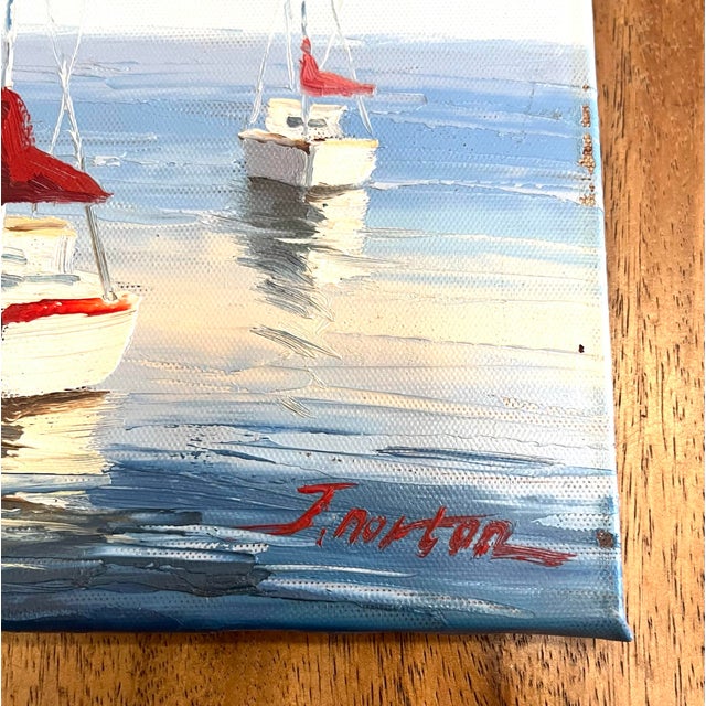 Coastal J.Norton Signed Small Oil Painting of Two Sailboats For Sale - Image 3 of 4