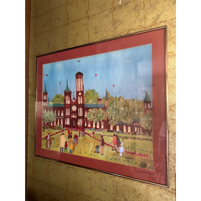Framed 1979 artwork by artist Susan Pear Meisel, depicting the Smithsonian Institution Building in the National Mall in...