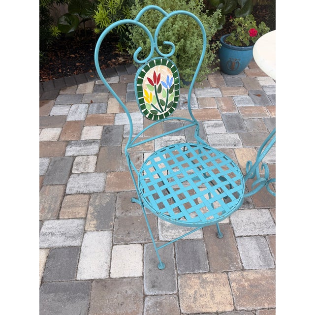 Vintage Turquoise Iron Garden Bistro Set With Floral Mosaic Folding Chairs For Sale - Image 11 of 12