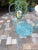 Vintage Turquoise Iron Garden Bistro Set With Floral Mosaic Folding Chairs For Sale - Image 11 of 12