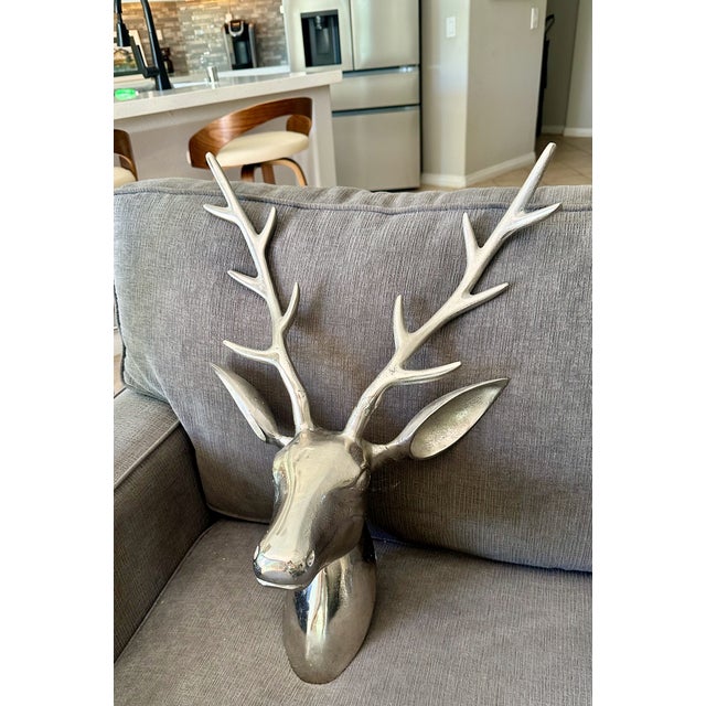 Large Modernist Cast Polished Metal Deer Antler Head Wall Sculpture For Sale In Palm Springs - Image 6 of 15
