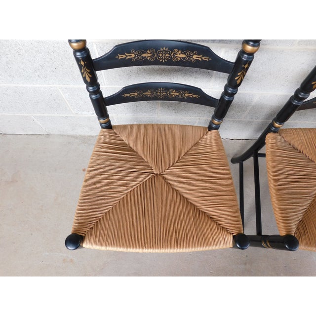 Traditional L Hitchcock Harvest Stenciled Black Ladder Back Rush Bottom Dining Chairs - Set of 8 For Sale - Image 3 of 18