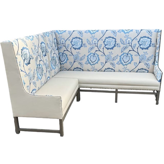 A Custom Made Two Piece Banquette with a Cream Vinyl and Manuel Canovas Samira Embroidered Linen #04780/03 Tight Back...