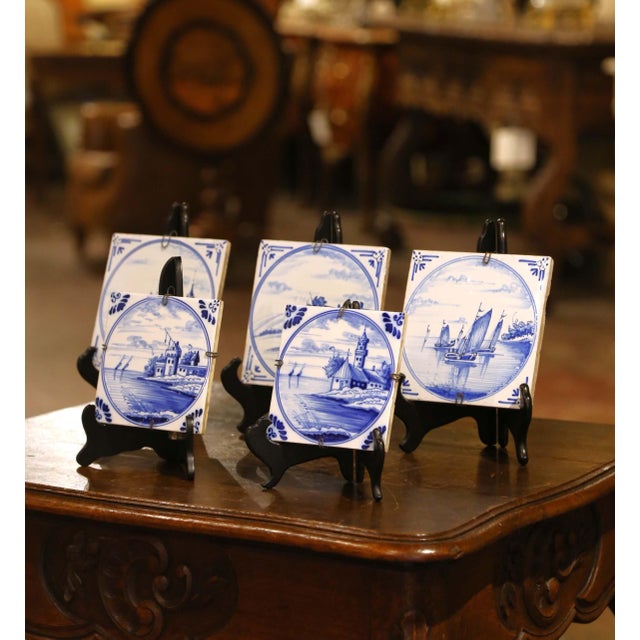 Add a touch of French charm to your interior with this set of five antique Delft wall tiles. Hand-painted in France circa...