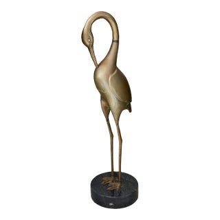 Vintage Mid-Century Modern Hollywood Regency Bronze Brass and Marble Crane Bird Figure Statue Sculpture For Sale