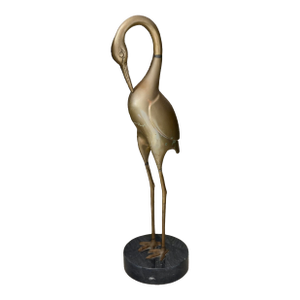 Vintage Mid-Century Modern Hollywood Regency Bronze Brass and Marble Crane Bird Figure Statue Sculpture