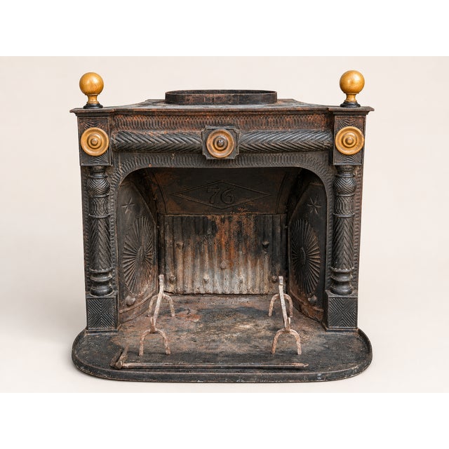 Antique Portland Stove Foundry Co. No. 76 cast-iron Franklin-style fireplace/parlor stove, made in Portland, Maine, circa...