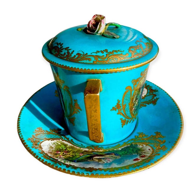 Large Covered Cup and Deep Saucer in Sevres Porcelain, 19th Century, Set of 3 For Sale - Image 9 of 14