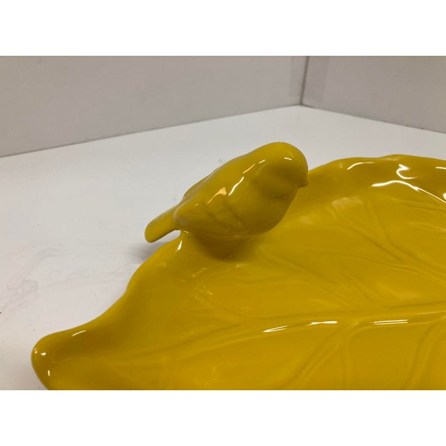 Yellow Glazed Ceramic Bird on Leaf Dish For Sale - Image 4 of 9