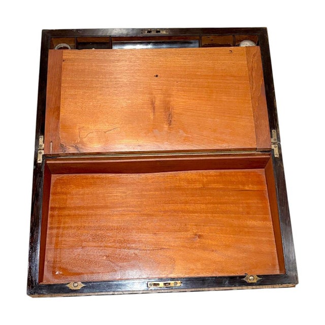 Victorian Brass Inlaid Mahogany Writing Slope with Secret Drawers For Sale - Image 12 of 18