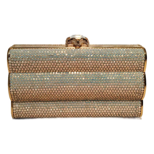 Judith Leiber Iridescent Swarovski Crystal Gold Minaudiere Evening Bag Clutch For Sale