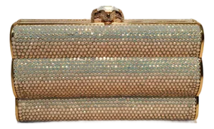 Judith Leiber Iridescent Swarovski Crystal Gold Minaudiere Evening Bag Clutch