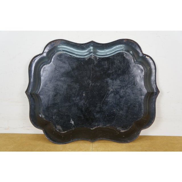 Early 20th Century Antique Hand Painted Scaloped Floral Rose Toleware Serving Tray For Sale - Image 5 of 12