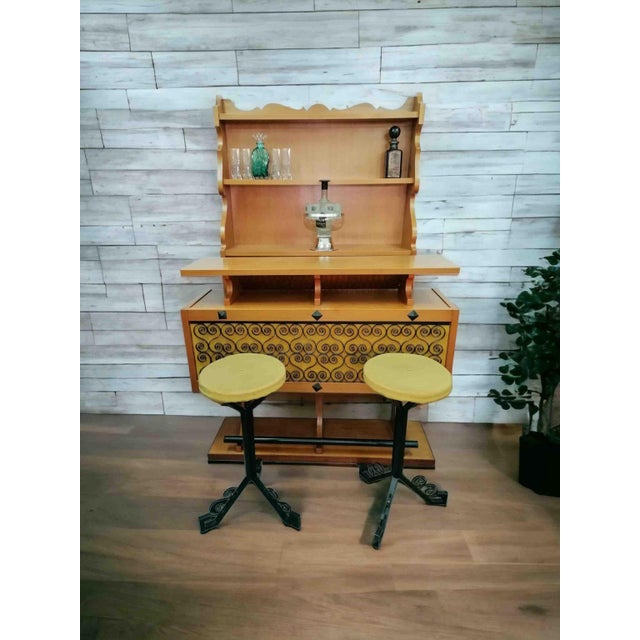 Wood Rustic Bar Cabinet with Stools, 1960s, Set of 3 For Sale - Image 7 of 7