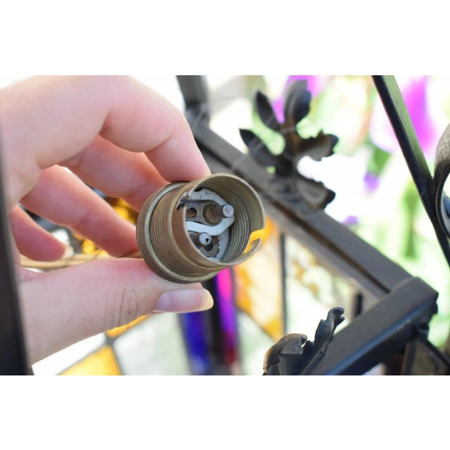 Antique Black Wrought Iron and Stained Glass Lantern, France, 1940s For Sale - Image 7 of 11