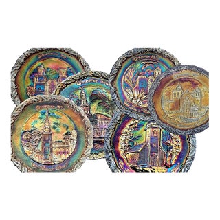 Fenton Carnival Glass Christmas Plates 70s 80s Churches - Set of 8 For Sale