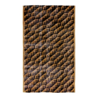 1960s Vintage Art Deco Distressed Rug in Gold, Black Geometric Pattern For Sale