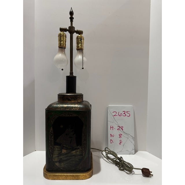 Vintage Tole Tea Tin Table Lamp Nautical Sailing Ships Tole Double Socket For Sale - Image 13 of 13