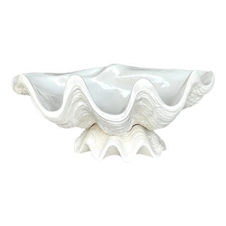 Vintage Coastal Glazed Ceramic Clamshell Bowl on Stand For Sale