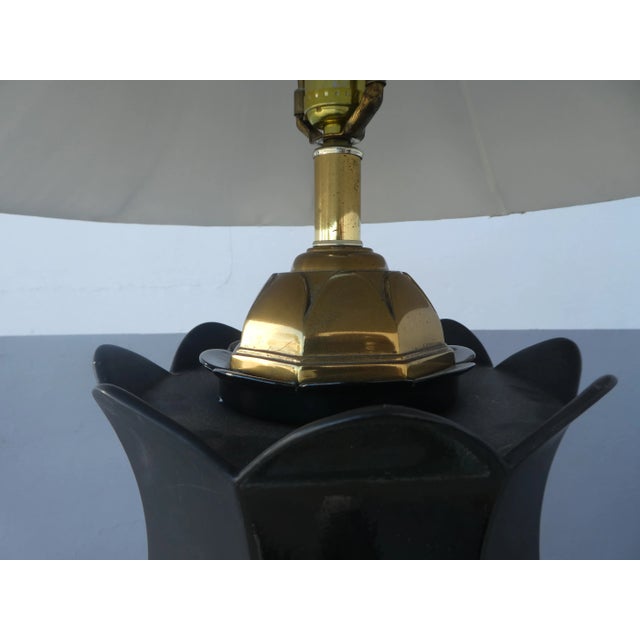 1970s 70's Brass and Black Ceramic Decorator Accent Lamp For Sale - Image 5 of 13