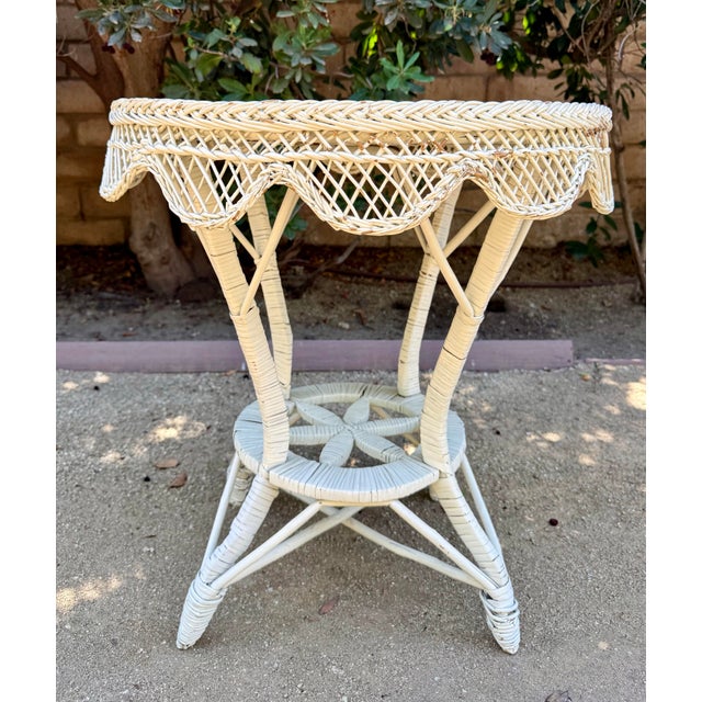 White Vintage White Wicker and Rattan Side Table With Scalloped Skirt For Sale - Image 8 of 15