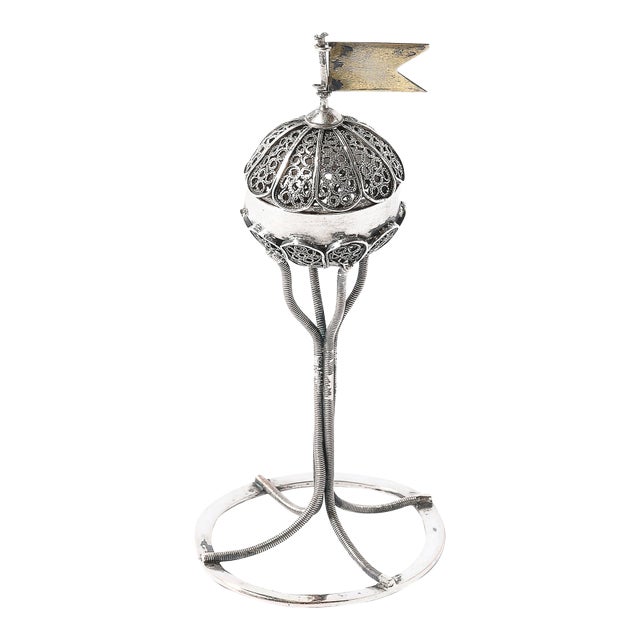Antique Silver Judaica Spice Container With Vermeil Flag For Sale