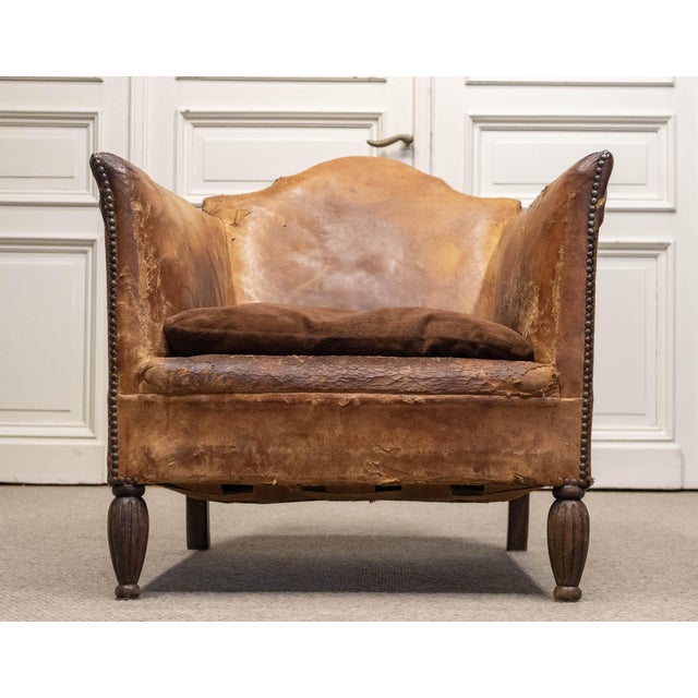 French Sheep Leather and Velvet Lounge Chair in the style of Louis Chambry, 1920s For Sale - Image 10 of 12