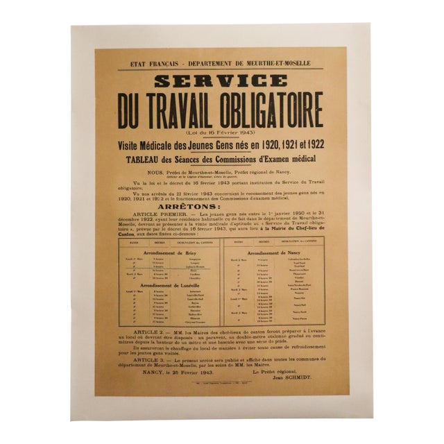 1943 French World War Two Poster - "Service - Du Travail Obligatoire" For Sale