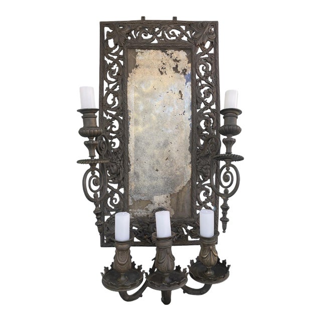 Antique Baroque Revival Metal Wall Mirror With Integrated Candleholders, Circa 1890–1910 For Sale
