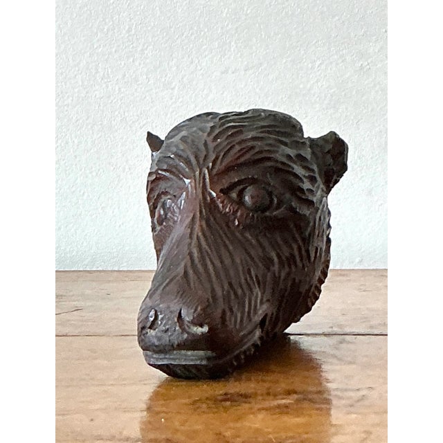 Mid 20th Century Vintage Boho Black Forest Carved Boar Head For Sale - Image 5 of 6