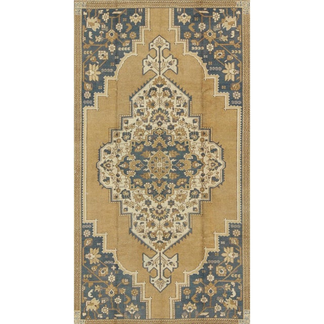 Mid 20th Century Vintage Turkish Oushak With Floral Medallion in Mustard Olive Blue and Cream For Sale - Image 4 of 10