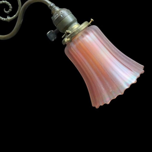 1910s Art Nouveau Brass 2 Arm Chandelier With Fluted Dark Amber Glass Shades C1910 For Sale - Image 5 of 8