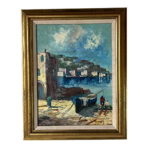 70's Vintage Impressionist European Harbor Oil Painting, Framed