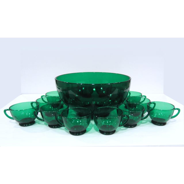 Vintage Anchor Hocking Forest Green Glass Punch Set With Bowl and 14