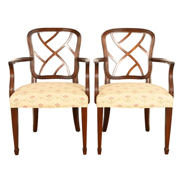 Kindel Furniture Style Federal Carved Mahogany Armchairs, Pair For Sale