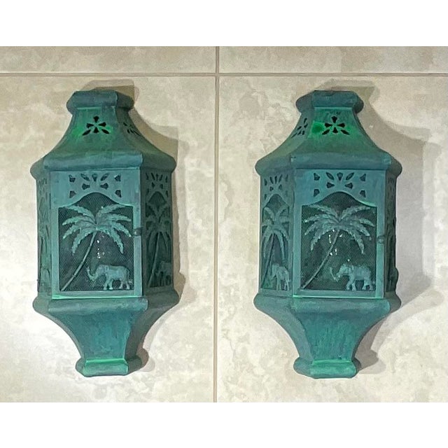Vintage British Colonial Style Elephant & Palm Tree Wall Sconces - a Pair For Sale - Image 4 of 17