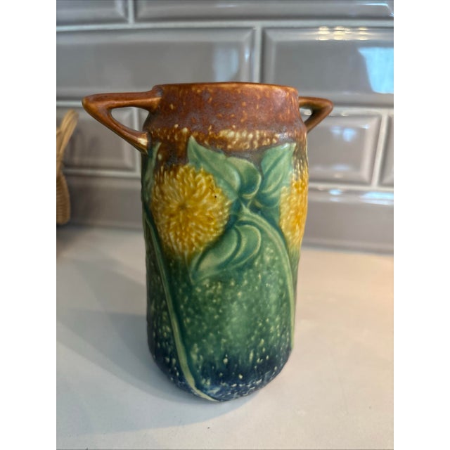 Roseville Pottery Antique Roseville Sunny Farm Sunflower Art Deco Pottery Flower Garden Home Vase For Sale - Image 4 of 12