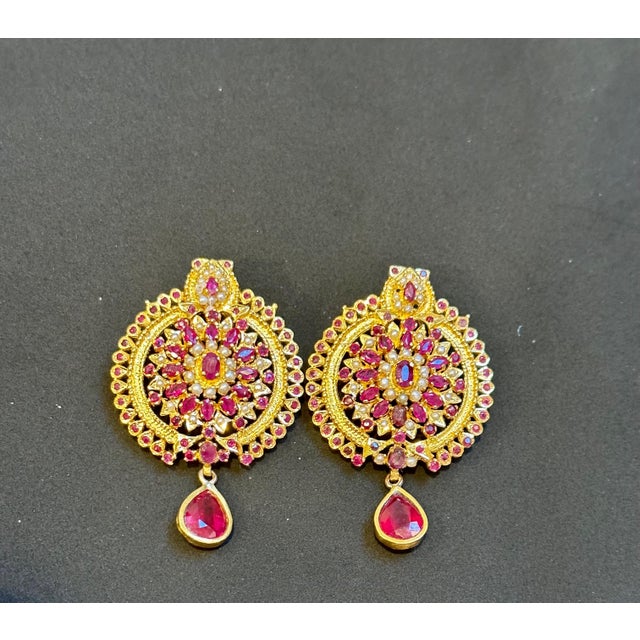 Gemstone 22 Karat Gold Ruby & Natural Pearl Yellow Gold Circle Stud Earring, Hanging Ruby For Sale - Image 7 of 18