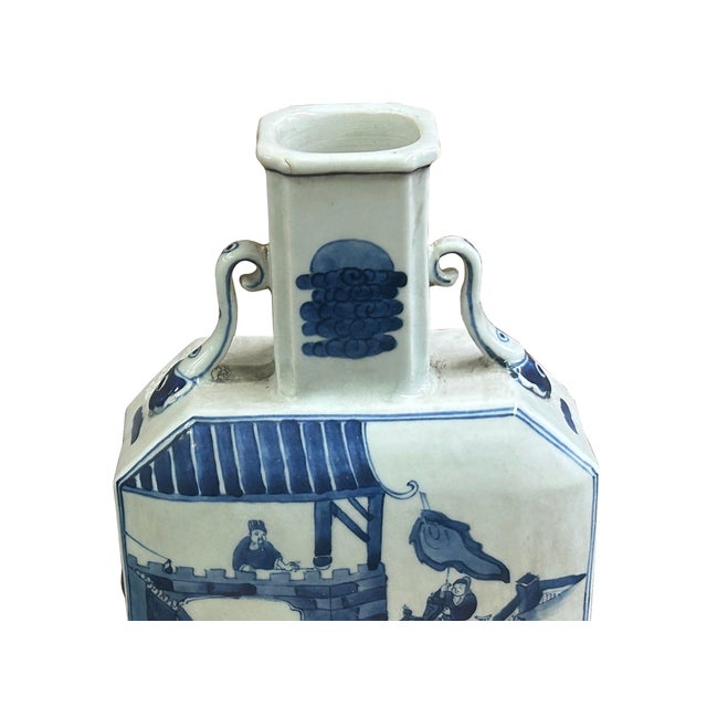 Chinese Blue White Porcelain Hexagonal Figural Graphic Art Vase For Sale - Image 9 of 15